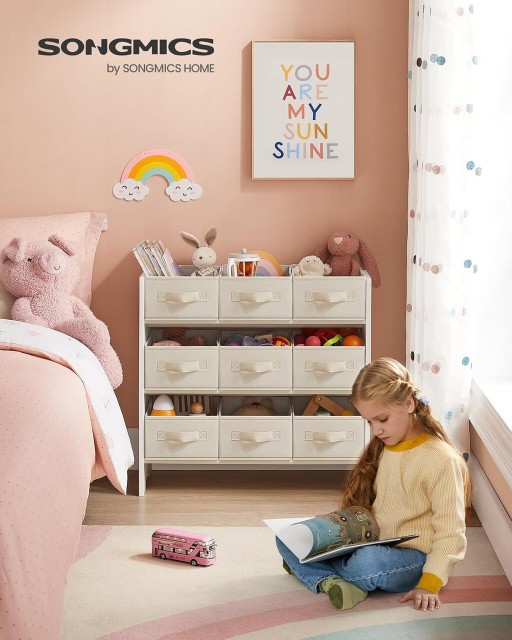 Organizator jucarii / mobilier camera copilului, Songmics, 9 compartimente, 62.5x29.5x60 cm, PAL, alb cloud