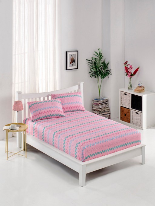 Set de pat pentru o persoana (cearceaf cu elastic si perna) 2 piese, Kokteyl - Pink, EnLora Home, 65% bumbac/35% poliester