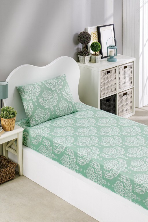 Set de pat pentru o persoana (cearceaf cu elastic si perna) 2 piese, L&#039;essentiel Maison, Post, Apa Verde