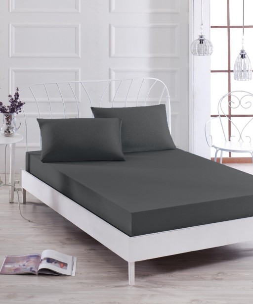 Set de pat pentru o persoana (cearceaf cu elastic si perna) 2 piese, Düzboya - Black, EnLora Home, 50% bumbac / 50% poliester