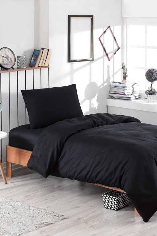Lenjerie de pat dubla 3 piese, Duz Boya - Black, EnLora Home, 65% bumbac/35% poliester