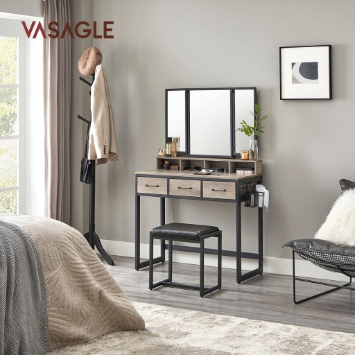 Masa de toaleta cu taburet / Masuta dressing, Vasagle, Industrial, 90x40x141 cm, PAL/otel/piele ecologica, gri