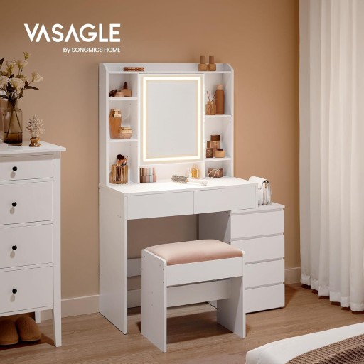 Masa de toaleta cu taburet si oglinda cu LED-uri / masuta dressing, Vasagle, 80s40s137.5 cm, MDF, alb