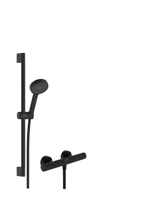 Baterie dus termostatata Hansgrohe Ecostat Fine cu set de dus Activera Select S 95 2jet EcoSmart cu bara 65 cm  negru mat