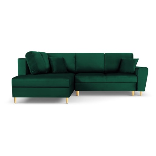 Colțar verde extensibil, cu spațiu de depozitare cu tapițerie din catifea (cu colț pe partea stângă, în formă de ”L”) Kyoto – Cosmopolitan Design