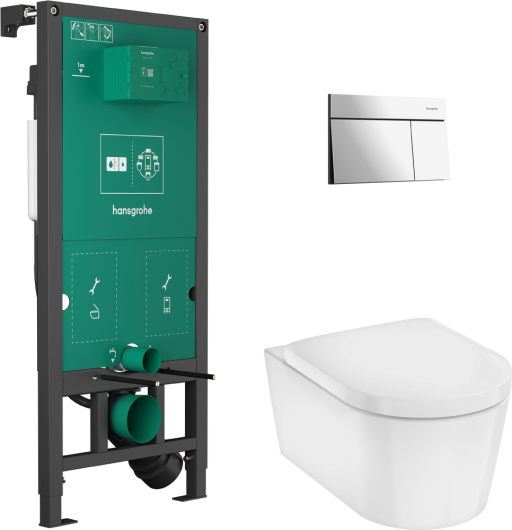 Set complet vas wc Hansgrohe EluPura S cu capac inchidere lenta  rezervor incastrat iFrame si clapeta iFrame Element E  crom