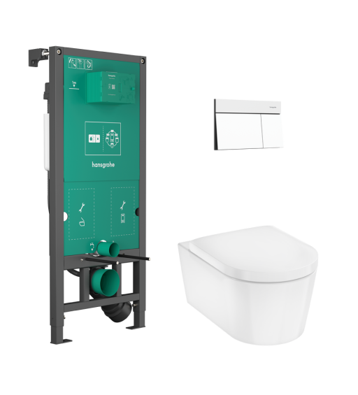 Set complet vas wc Hansgrohe EluPura S WC cu capac inchidere lenta  rezervor incastrat iFrame si clapeta iFrame Element E  alb mat