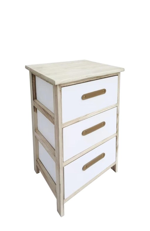 Comoda cu 3 sertare Reka, Bizzotto, 40x29x58 cm, lemn de paulownia/placaj, alb/natural