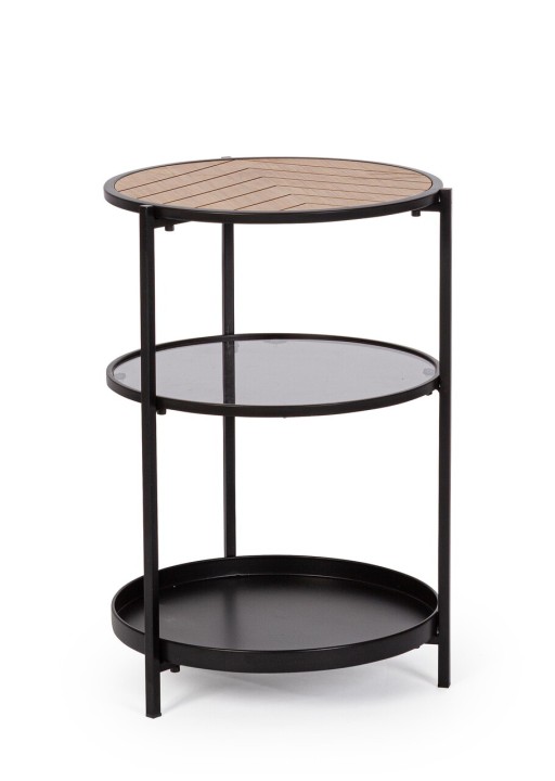 Masuta de cafea cu 3 rafturi Haldor, Bizzotto, D40x60.5 cm, otel/MDF/sticla temperata, negru/natural
