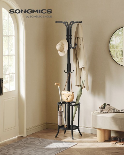 Cuier cu suport de umbrele Tree, Songmics, 40x40x175 cm, max 15 kg. otel, negru