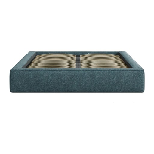 Pat matrimonial albastru tapițat cu spațiu de depozitare cu somieră 200x200 cm Simon – Micadoni