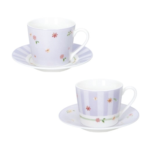 Set 2 cesti cu farfurie pentru cafea, Polline Lilac, Brandani, D11x7 cm, 50 ml, portelan New Bone China