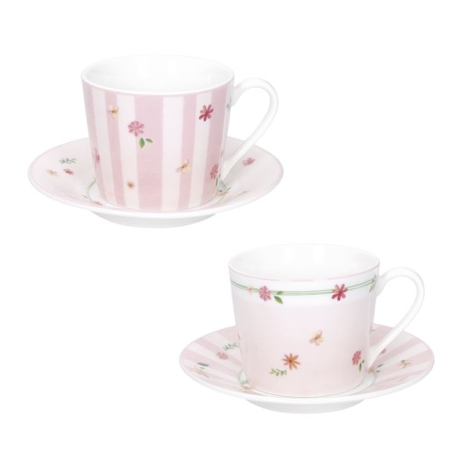 Set 2 cesti cu farfurie pentru cafea, Polline Pink, Brandani, D11x7 cm, 50 ml, portelan New Bone China