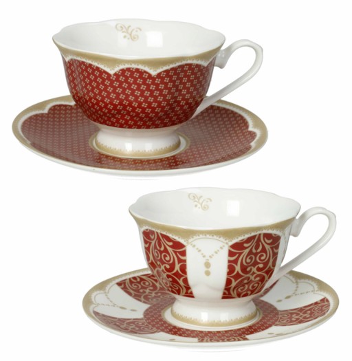 Set 2 cesti cu farfurie pentru ceai, Golden Eye Red, Brandani, D15x7.5 cm, portelan New Bone China