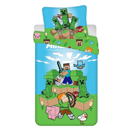 Lenjerie de pat pentru copii verde-albastră din bumbac pentru pat de o persoană 140x200 cm Minecraft "Outdoor Mobs" – Jerry Fabrics