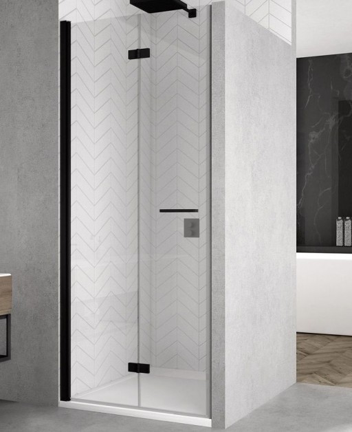 Usa de dus pliabila Ronal (SanSwiss) Solino SOLF1G 90cm  orientare stanga  sticla AquaPerle 6mm  profil negru