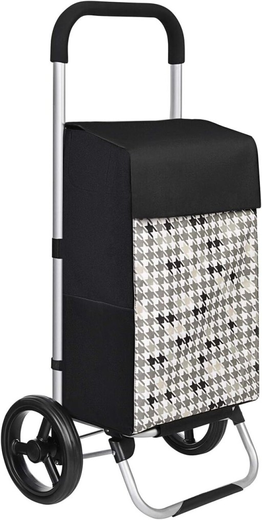 Carucior de cumparaturi 40L Houndstooth Pattern, Songmics, 47x33x97 cm, max 25 kg, tesatura Oxford/aluminiu