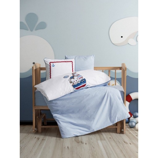 Lenjerie de pat pentru copii albă-albastră din bumbac pentru pătuț cu cearceaf inclus, cu 4 piese 100x150 cm Miniyo – Mijolnir