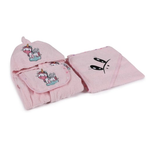 Set de halat și prosop de baie pentru copii roz pentru 0-2 ani 3 buc. din bumbac Unicorn – Foutastic