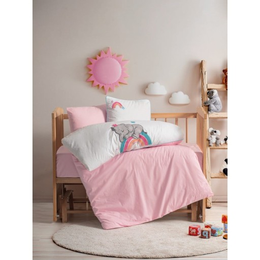 Lenjerie de pat pentru copii albă-roz din bumbac pentru pătuț cu cearceaf inclus, cu 4 piese 100x150 cm Lucky – Mijolnir