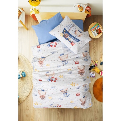 Lenjerie de pat pentru copii albă-albastră din bumbac ranforcé pentru pătuț cu cearceaf inclus, cu 4 piese 100x150 cm Seaman – Mijolnir