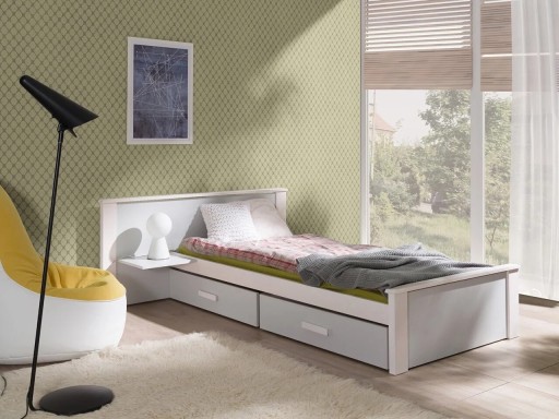 Pat pentru camera copilului Aldo Plus, Meblobed, 90x200 cm, cu doua sertare, lemn de pin/PAL, alb/gri