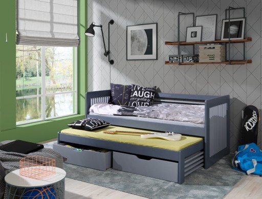 Pat etajat pentru camera copilului Anatol, Meblobed, 90x200 cm, cu doua sertare, lemn de pin, grafit