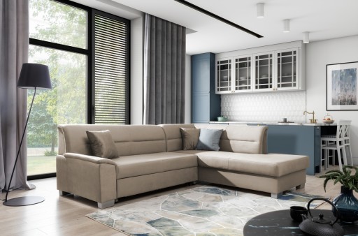 Coltar extensibil dreapta 4 locuri ELTAP, BR35, Bergen, 247x214x83 cm, lemn/poliester, maro deschis