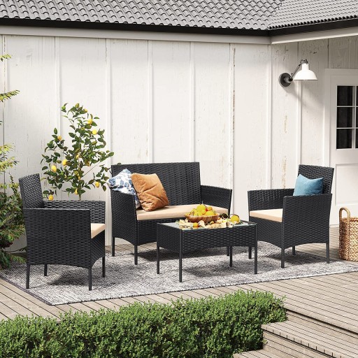 Set mobilier pentru gradina/terasa 4 piese, Songmics, otel/polietilena, negru/grej