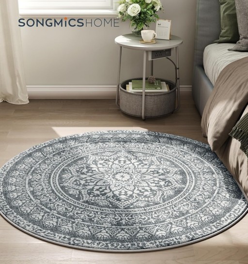 Covor antiderapant Songmics Boho, D120 cm, lavabil la masina, poliester, gri carbune