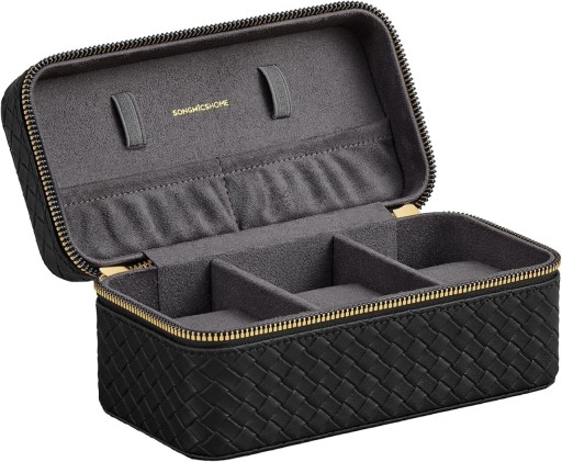 Cutie de voiaj pentru ceasuri Ronne Travel, Songmics, 20x11x9 cm, 3 compartimente, piele ecologica/metal, negru/gri