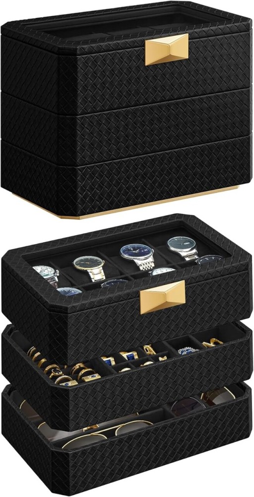 Cutie de ceasuri cu 3 niveluri Ronne, Songmics, 27.3x16.3x20.5 cm, 8 compartimente, piele ecologica/metal, negru/gri