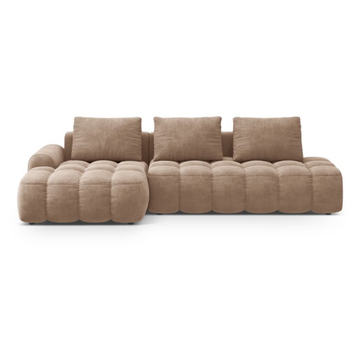 Colțar maro deschis extensibil/cu spațiu de depozitare cu tapițerie din catifea (cu colț pe partea stângă/cu șezlong) Linz – Cosmopolitan Design