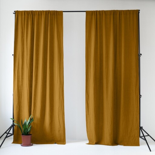 Draperie galben ocru-maro din in 140x330 cm Bronze – Linen Tales
