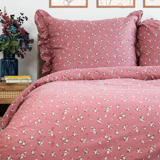 Lenjerie de pat King Size, Mirya, Homla, 3 piese, 200x220 cm, bumbac, roz/alb