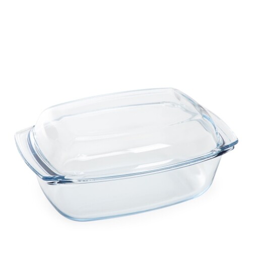 Vas de copt termorezistent cu capac Calde, Homla, 28x21.5x10 cm, 5 L, sticla borosilicata, transparent