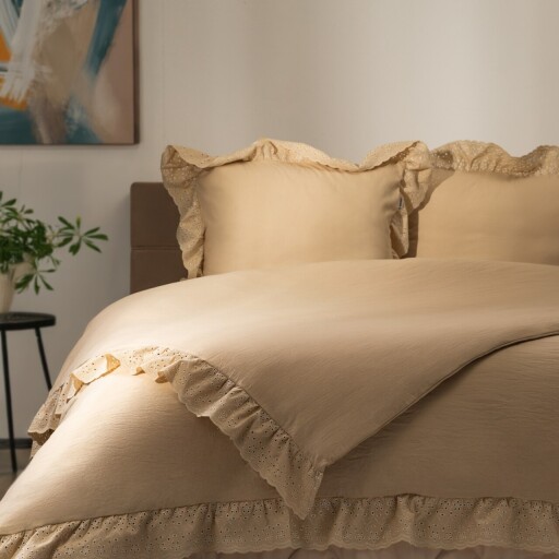 Lenjerie de pat King Size, Morain, Homla, 3 piese, 200x220 cm, microfibra din poliester, bej