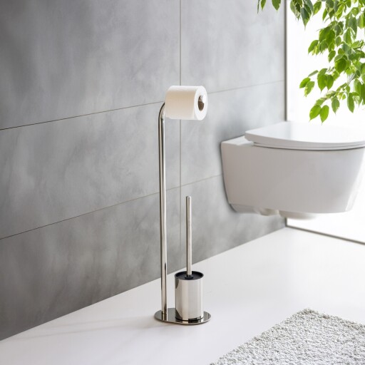 Suport pentru hartie igienica si perie toaleta Levante, Wenko, 23x17x63 cm, inox, argintiu lucios
