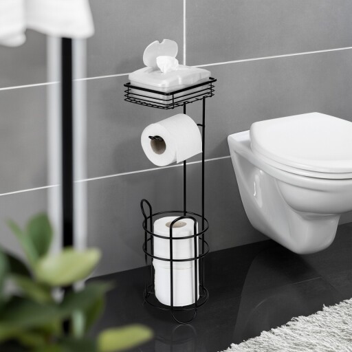 Suport pentru hartie igienica si perie toaleta Roll, Wenko, 16x18x59 cm, otel, negru