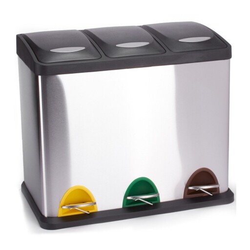 Coș de gunoi argintiu mat pentru reciclare/cu pedală 3x8 l din oțel Tri Selectif – MSV