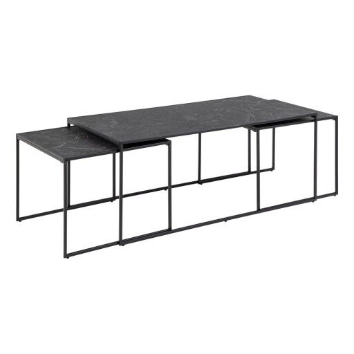 Măsuțe de cafea negru-mat 3 buc. cu blat cu aspect de marmură 60x120 cm Infinity – Actona