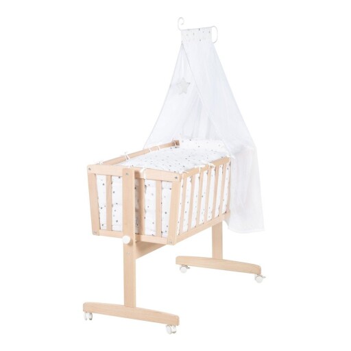 Pătuț leagăn în culoare naturală din lemn de fag cu roți/cu baldachin 40x90 cm – Roba