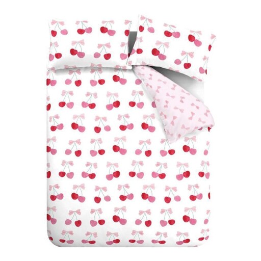 Lenjerie de pat albă-roz pentru pat dublu, extinsă 230x220 cm Cherries and Bows – Catherine Lansfield