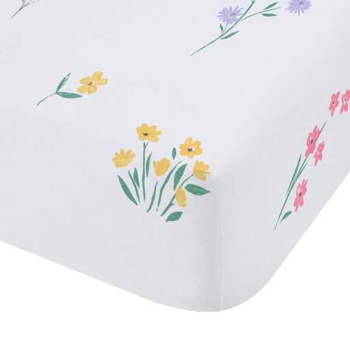 Cearceaf pentru copii alb pentru pat dublu cu elastic 135x190 cm Bunny Tails Ditsy Flowers – Catherine Lansfield