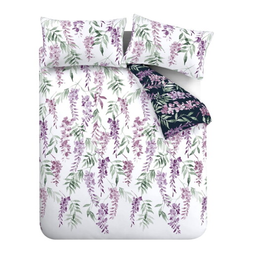 Lenjerie de pat albă-mov pentru pat dublu, extinsă 230x220 cm Wisteria Floral – Catherine Lansfield