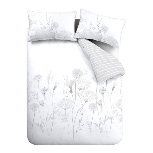 Lenjerie de pat albă-gri pentru pat dublu, extinsă 230x220 cm Meadowsweet Floral – Catherine Lansfield