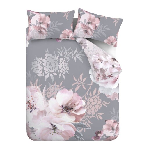 Lenjerie de pat roz-gri pentru pat dublu, extinsă 230x220 cm Dramatic Floral – Catherine Lansfield