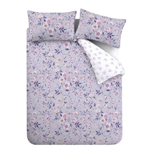 Lenjerie de pat albă-mov pentru pat dublu, extinsă 230x220 cm Isadora Floral – Catherine Lansfield