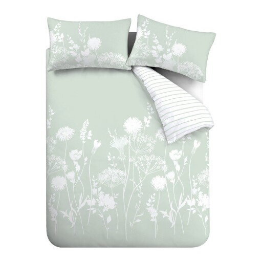 Lenjerie de pat albă-verde pentru pat dublu, extinsă 230x220 cm Meadowsweet Floral – Catherine Lansfield