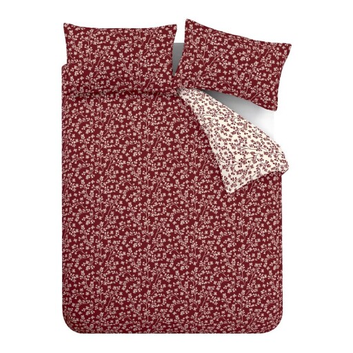 Lenjerie de pat roșie din flanelă pentru pat dublu, extinsă 230x220 cm Grace Floral Leaf – Catherine Lansfield